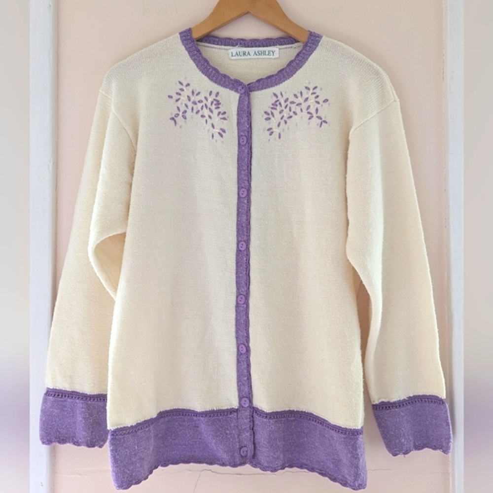 Vintage Laura Ashley Cardigan Knit White Purple Trim Beaded Wool Blend Large